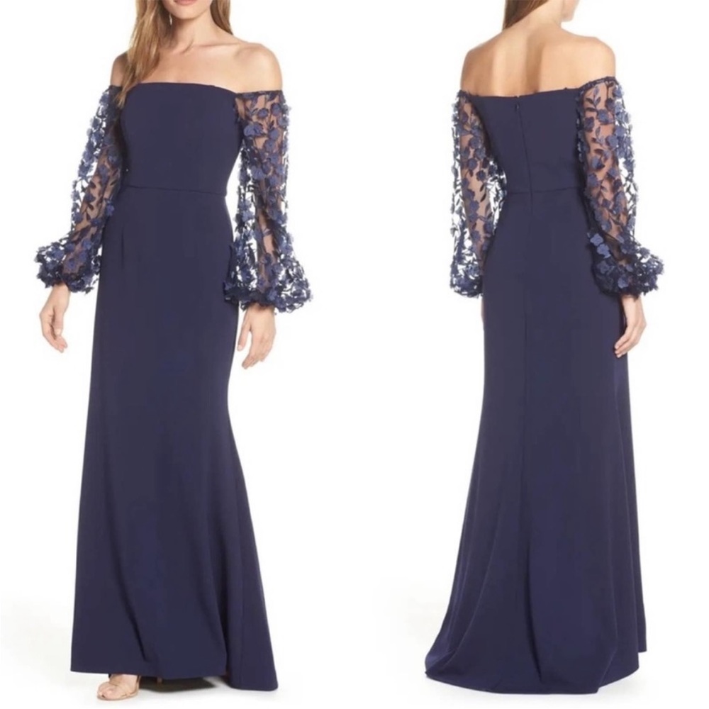 ELIZA J Off The Shoulder 3D Floral Sleeve Navy scuba crepe Blue Gown size 8 - Picture 2 of 13
